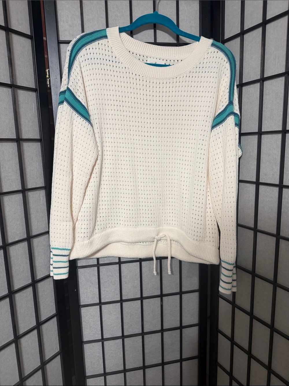 Lou & Grey Cream Open-Knit Sweater with Teal Stripe Accents